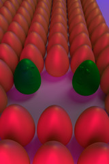 3D-Rendering von goldenen Eiern in blauem und rotem Licht: Individualität und Gelassenheit