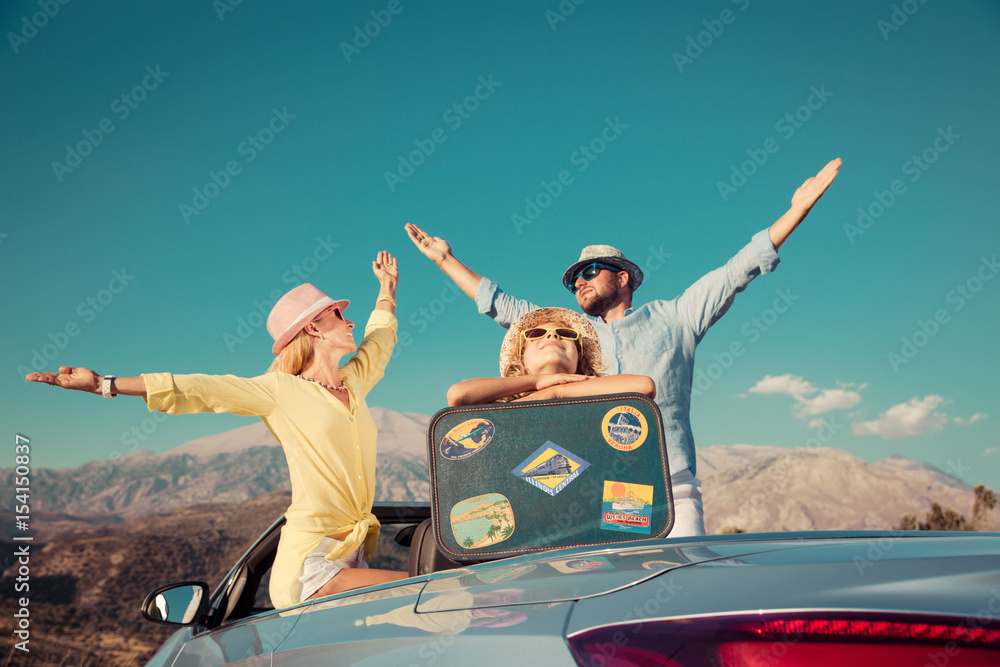 Poster happy family travel by car in the mountains