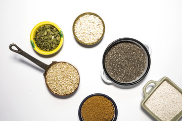 Chia seed on wooden board