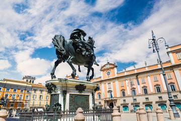 Piacenza, medieval town, Italy. Piazza Cavalli (Square horses), monument at Alessandro Farnese...