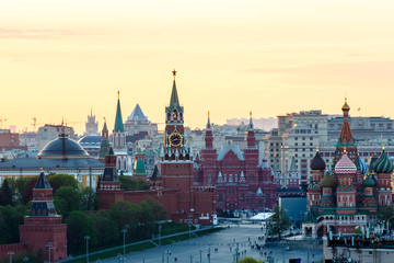 Red square at night top view. The Kremlin Spasskaya tower.