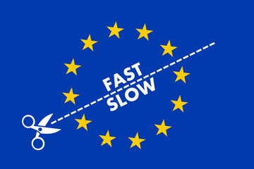 Two-speed EU. Scissors split European Union into slow and fast members and countries. Multi-speed of integration, collaboration, shared policy. Disintegration and breakup of united Europe