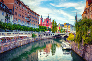 Cityscape view on Ljubljanica river canal in Ljubljana old town. Ljubljana is the capital of...