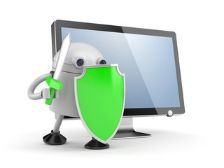 Robot defends the desktop computer. Robot with red shield and sword. 3d illustration