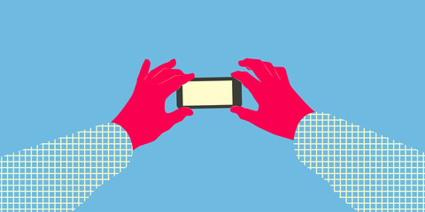 Two stylized hands in abstract checkered shirt holding smartphone with blank screen. Taking picture using mobile device concept illustration. Layered file.