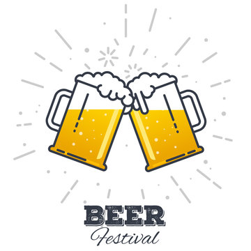Two gig glasses with fresh yellow live beer and white foam, and bubbles. Line style flat vector illustration. Beer festival concept. Lager sort. Clinking beer glasses.