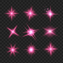 purple shine stars with glitters, Effect graphic light. Transparent design elements background.