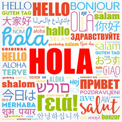 Hola (Hello Greeting in Spanish) word cloud in different languages of the world, background concept © dizain