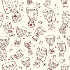 Hand drawn african drums djembe. Ethnic seamless pattern. Vector sketchy texture. Tillable african background with drums for fabric, textile design, wrapping paper or wallpaper.