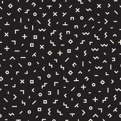 Scattered Geometric Shapes. Inspired by Memphis Style. Abstract Background Design. Vector Seamless Black and White Irregular Pattern.