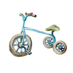 Watercolor illustration. kid's blue tricycle isolated on white background.