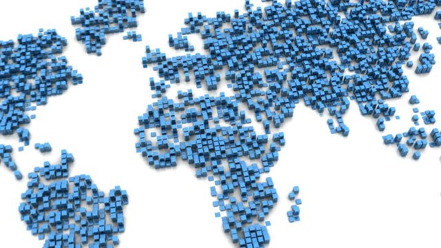 3d animation of map built from blue blocks, digital world