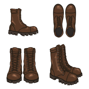 Set of Vector Cartoon Army Boots. High Military Shoes.