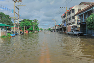 Lopburi, Thailand October 6, 2011: rain for several days, causing flooding streets and public houses