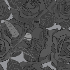 Beautiful black, gray and white rose flower, seamless pattern. Botanical hand drawn silhouette. Flat stylization color