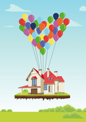 House with multicolored balloons in form of heart flying in sky over ground