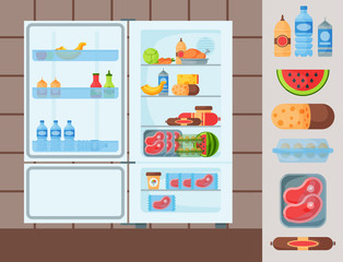 Refrigerator organic food kitchenware household utensil fridge appliance freezer vector illustration.
