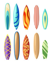 Vector surfboard illustration in flat style design Isolated on white background Color surfboard set. Sea extreme sport pattern. Vector illustration