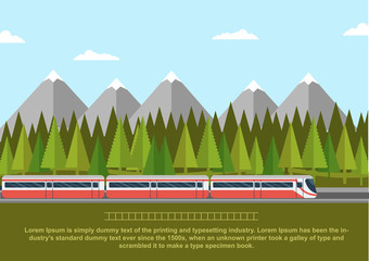 Train on railway with forest of conifers and mountains. Flat style vector illustration