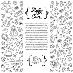 Vector cover with hand drawn clothes for little girls and boys on white background. Illustration on the theme of fashion