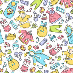Vector seamless pattern with hand drawn colored clothes for newborn baby. Pattern on the theme of fashion
