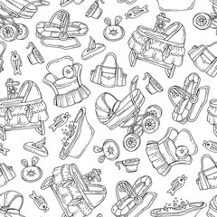 Vector seamless pattern with hand drawn isolated goods, accessories for newborn baby on white color. Pattern on the theme of little baby - obrazy, fototapety, plakaty