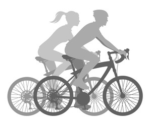 Girl and boy ride bicycles on a white background