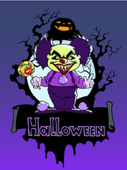 Cartoon halloween illustration of an evil clown holding a lollypop