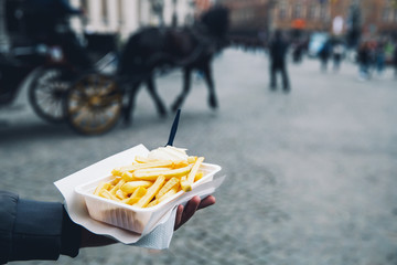 Popular street junk food in Bruges, Belgium is French Fries with mayonnaise