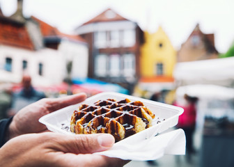 Traditional Belgian dessert, pastry - Belgium tasty waffle with chocolate sauce