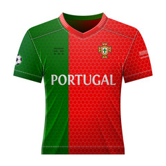 Soccer shirt in colors of portuguese flag. National jersey for football team of Portugal. Best vector illustration for soccer, sport game, football, championship, national team, gameplay, etc