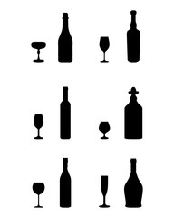 Black silhouettes of glasses and bottles on a white background