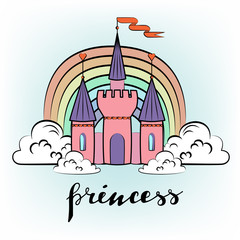 Vector illustration of pink princess magic 
castle in a clouds and rainbow. kingdom with 
architecture drawing medieval castle.