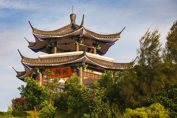 Beautiful ancient temple with blue sky and fog