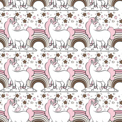 Vector seamless pattern with unicorns, rainbows, 
stars and clouds.  