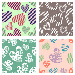 Set of seamless vector patterns with hearts. Background with hand drawn ornamental symbols. Template for wrapping, decor, surface, cards, backgrounds, textile, print. Decorative repeat ornament.