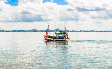 fishing boat, sea and blue Sky in Kung Krabaen Bay Chathaburi