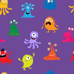 Seamless texture with cute cheerful colorful monsters