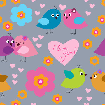 Abstract seamless background with original cute birds