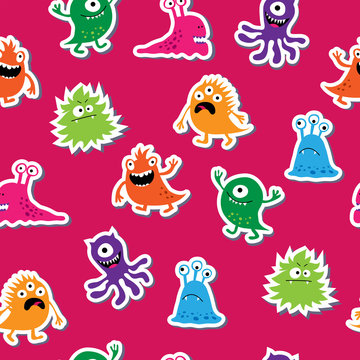 Seamless pattern with cute funny colorful monsters