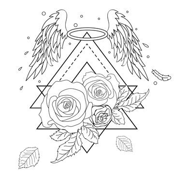 Hand drawn romantic beautiful drawing of a roses and wings. Vector illustration isolated. Tattoo design, mystic symbol for your use