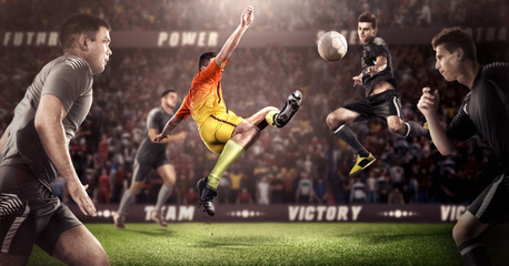 Brutal Soccer action on 3d sport arena. mature players with ball in black and orange uniform