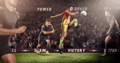 Brutal Soccer action on 3d sport arena. mature players with ball in black and orange uniform