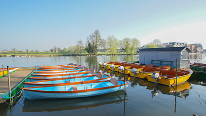 boat park on beautiful lake river in park nice weather nature and blue sky / boat at lake