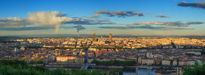 Panorama of the city of Lyon just before a summer sunset. Seen from Fourviere hill.