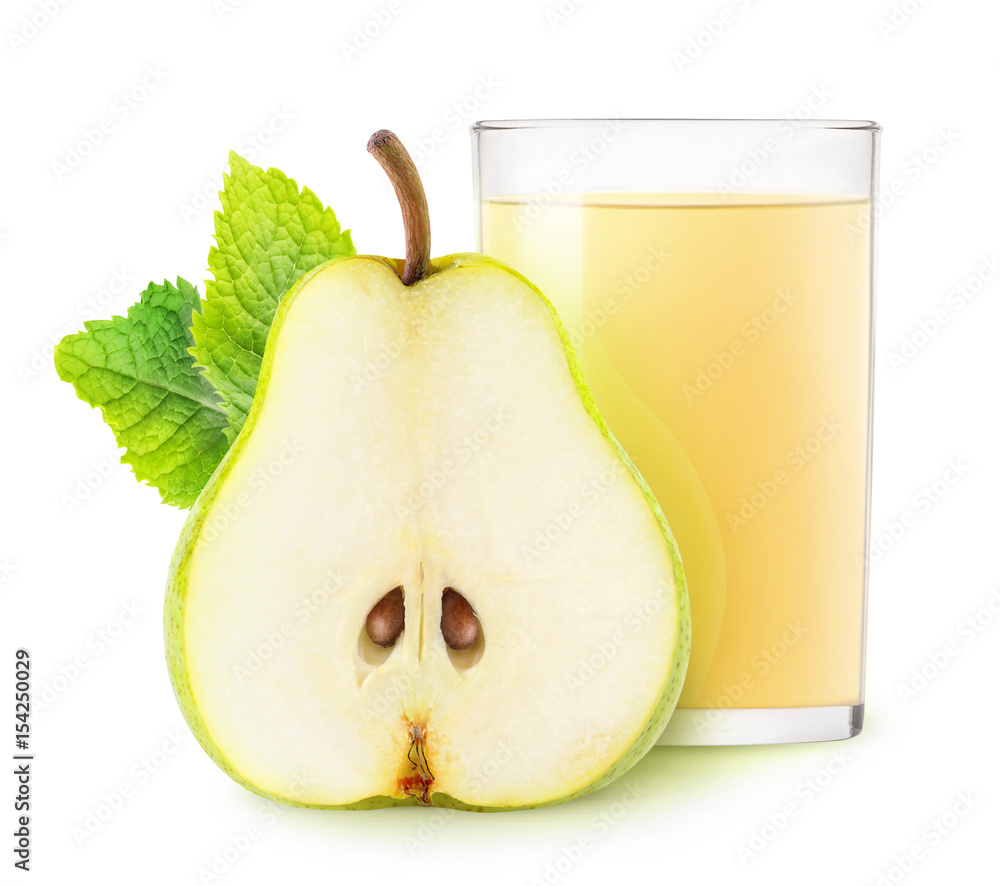 Poster isolated drink. glass of pear juice and half of fruit isolated on white background with clipping pat