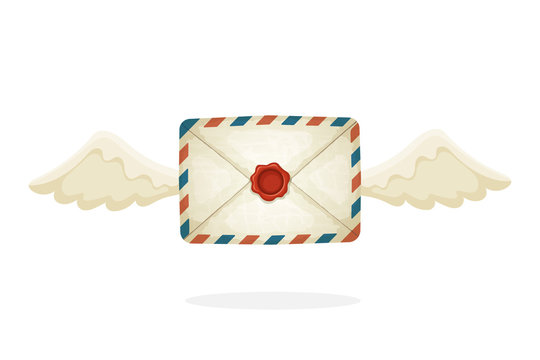 Vector illustration in cartoon style. Flying closed vintage mail envelope from old paper with wax seal and wings. Not read incoming message. Decoration for greeting cards, prints for clothes, posters