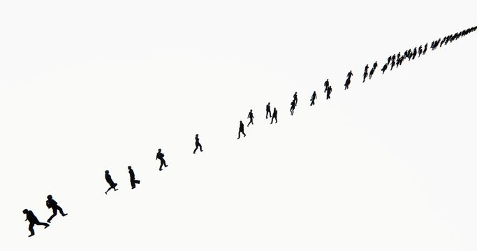 4k Crowd Of People walking turned into a row,businessman silhouette.