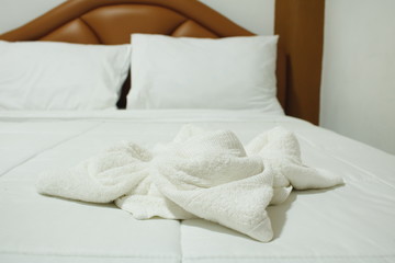 Fototapeta na wymiar Hotel Room with towel on bed