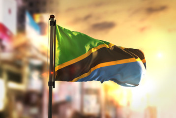 Tanzania Flag Against City Blurred Background At Sunrise Backlight - obrazy, fototapety, plakaty